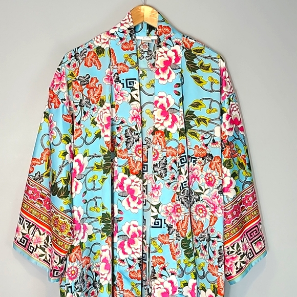 Natori Floral Kimono Sleeve Satin Robe Luxury Maximalist Vacation Lounge Silky - Picture 2 of 9